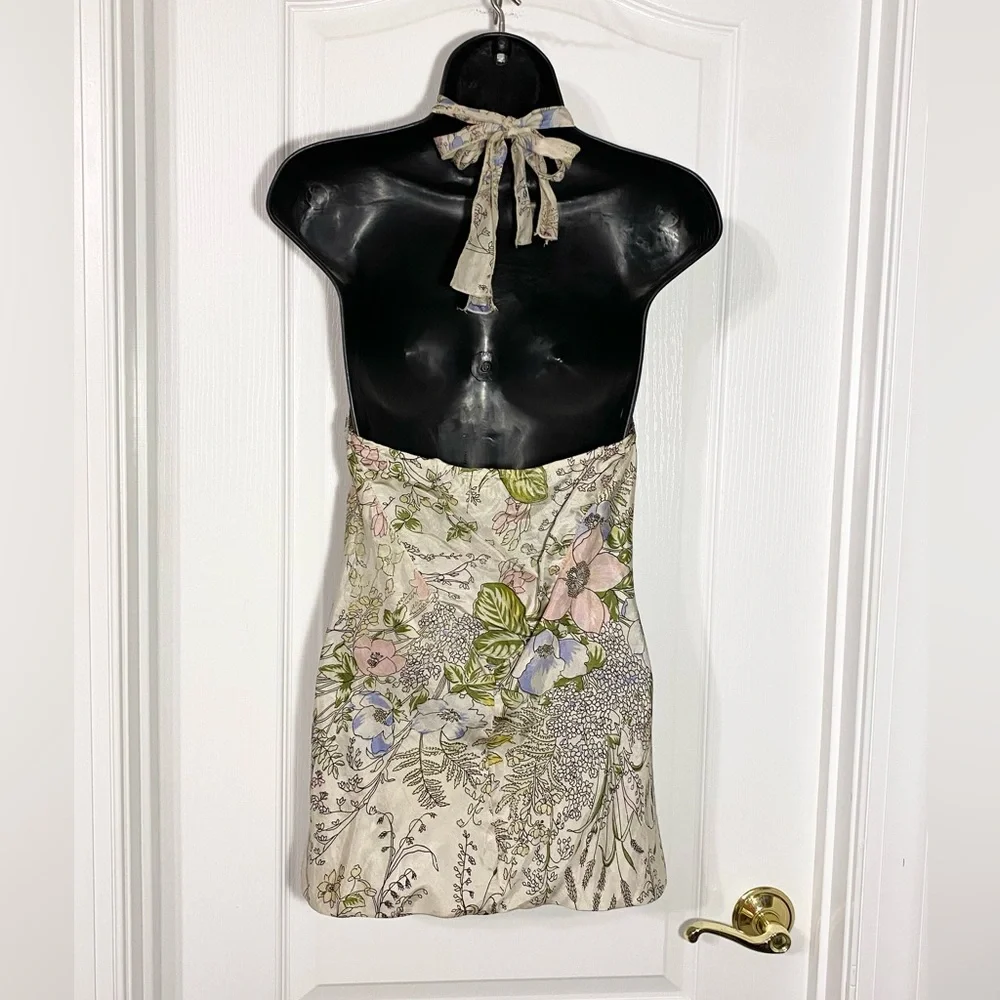 Y2K Froxx SILK Watercolor Floral Bamboo Ring Halter Top USA MADE Vintage Large - Picture 2 of 7